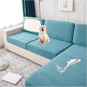 Sofa Seat Cushion Cover Waterproof, Sofa Cover Non-Slip Stretch Jacquard Sofa Cushion Slipcovers Replacement for Pets & Kids Lake Blue,1-Seater
