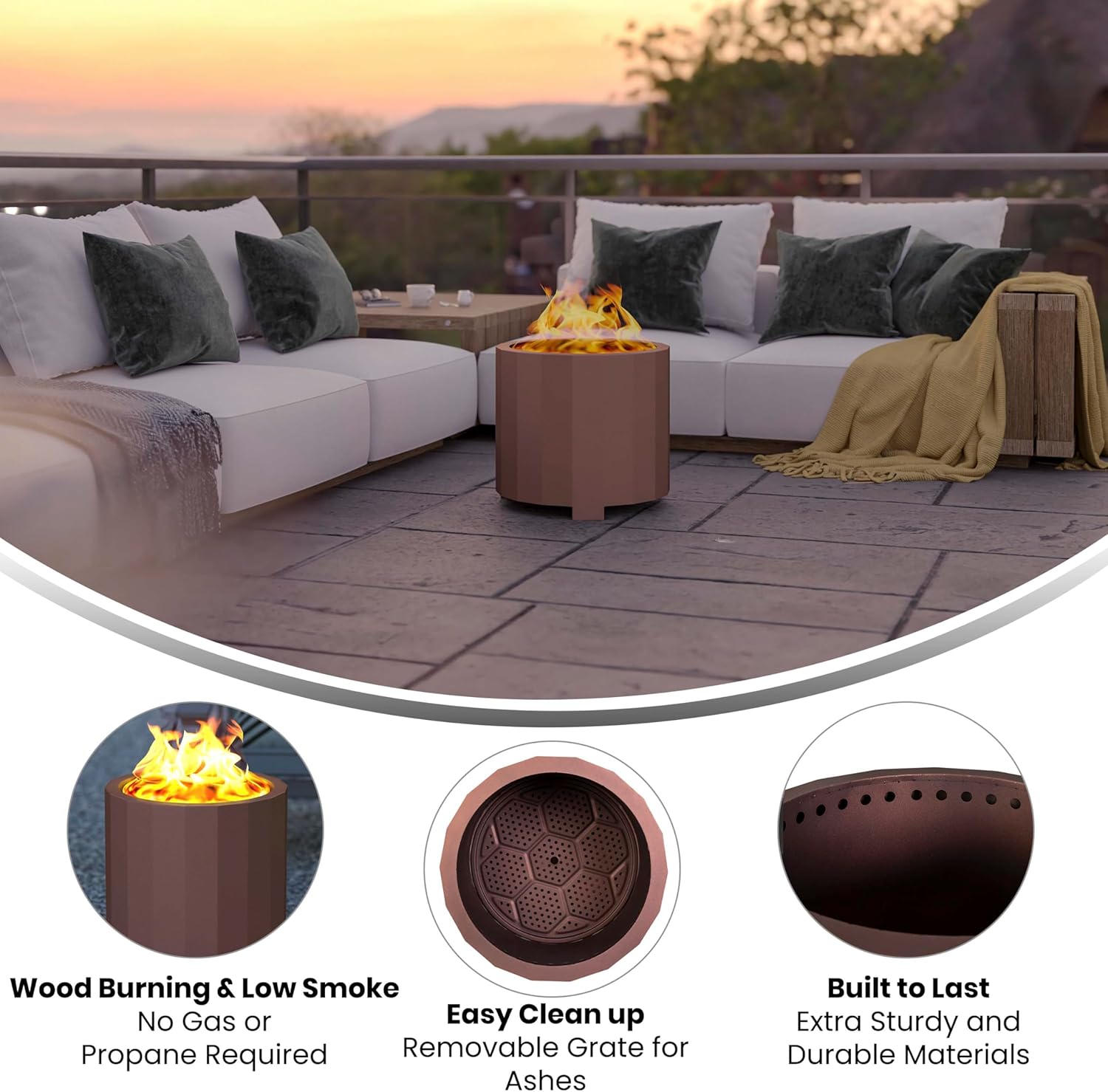 Flash Furniture Titus Commercial Grade Wood Burning Smokeless Outdoor Firepit - Bronze Finish - 19.5 inches - Portable - Waterproof Cover