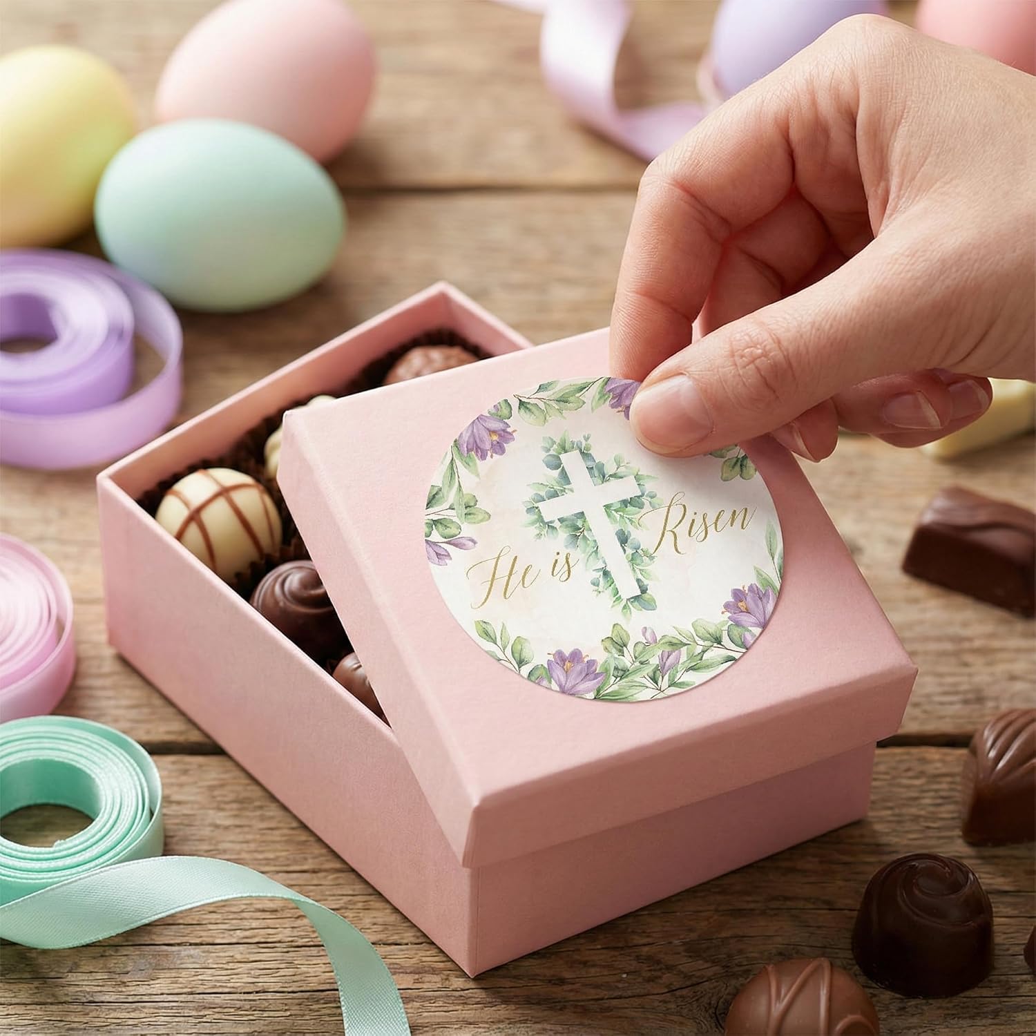 Mobiusea Creation Christian Easter Stickers – 135 Happy Easter Stickers with Gold Foil Cross Stickers, Purple Floral Easter Envelope Seals, He is Risen Religious Labels