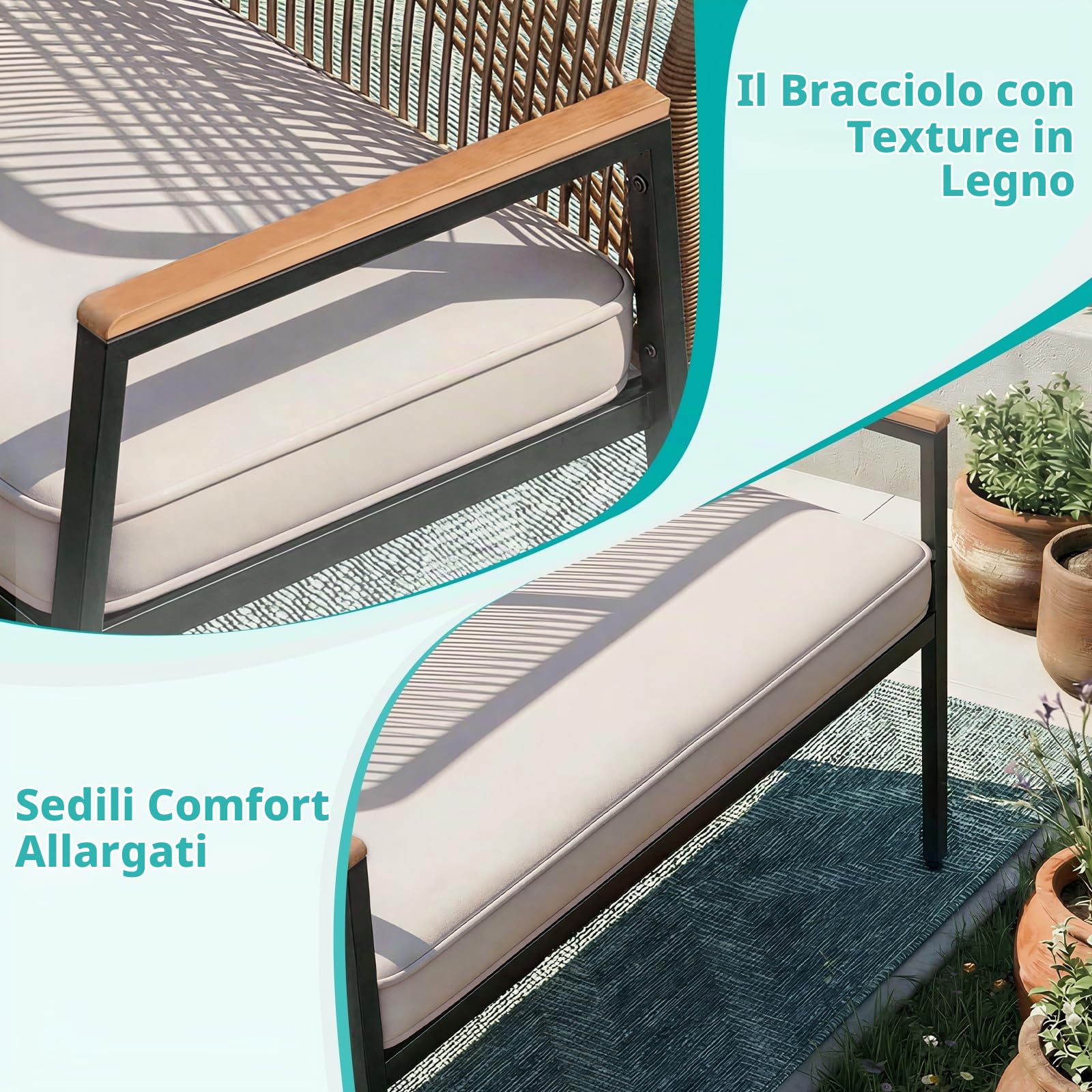 LIFERUN Panchina da giardino in rattan, sedia da giardino a 2 posti in polyrattan, panchina da esterno, resistente alle intemperie, braccioli in WPC, per terrazza, giardino e veranda, beige