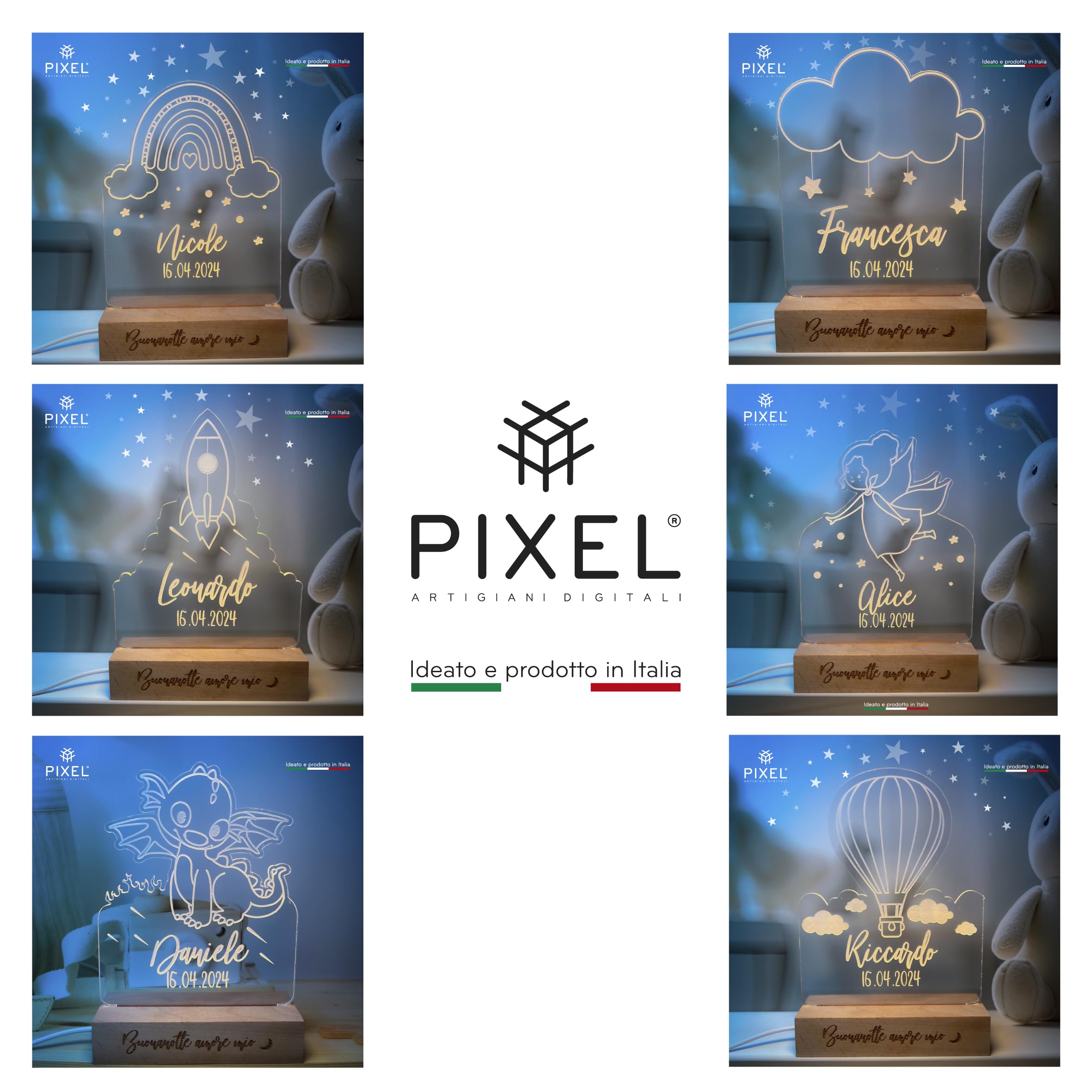 PIXEL® Lampada personalizzata con nome incisa 3d Luce notturna bambino bambina bambini neonato Idea regalo nascita bimbo bimba battesimo Regalo Natale neonati Personalizzato cameretta (Mongolfiera)
