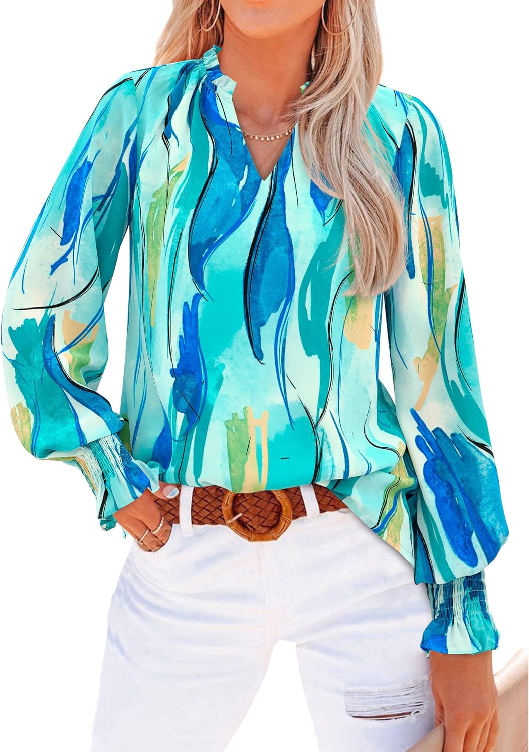 MASCOMODA Womens V Neck Floral Long Sleeve Tops 2026 Summer Casual Loose Puff Sleeve Chiffon Boho Work Blouse Dressy T Shirts