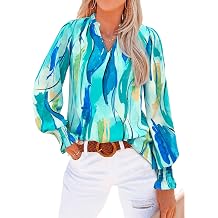 MASCOMODA Womens Boho Floral Long Sleeve Loose Chiffon Blouses | Puff Sleeve Ruffle V Neck Tops, Work Blouses for Women Dressy Casual, 2026 Summer T Shirts, Hawaiian Shirts for Women