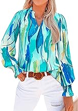 MASCOMODA Womens V Neck Floral Long Sleeve Tops 2026 Summer Casual Loose Puff Sleeve Chiffon Boho Work Blouse Dressy T Shirts