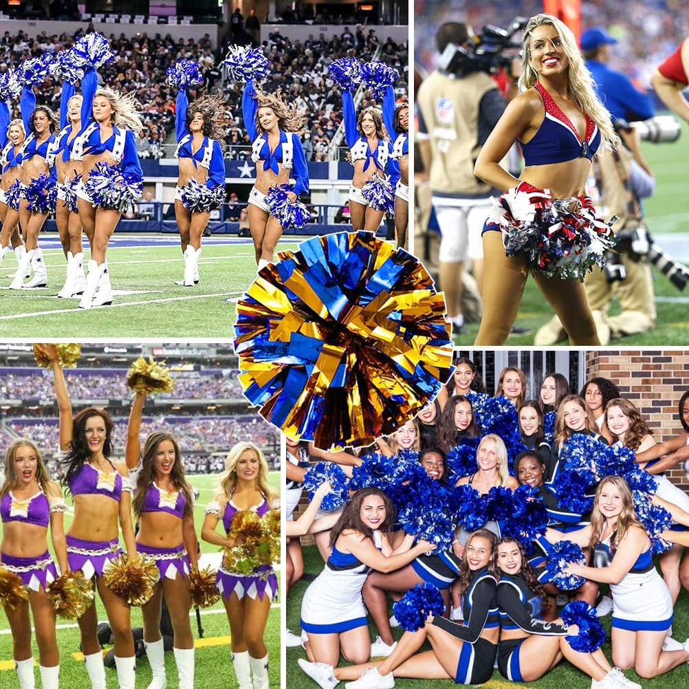 4Pcs Cheerleader Pom Poms, Pom Poms Cheerleading Metallic Foil & Plastic Ring Pompoms Cheerleader, Cheerleading Poms Accessory Set Pompoms Cheer for Sports Team Spirit Cheering 14’’ (Blue Gold) : Sports & Outdoors