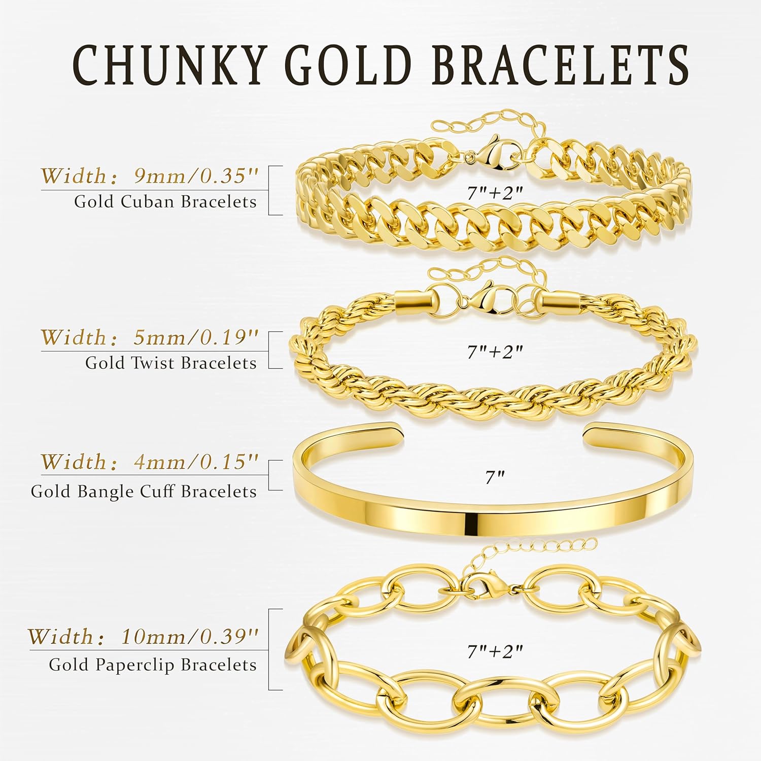 Gokeey Chunky Gold Bracelets Stack for Women Non Tarnish, Waterproof 14K Gold Plated Bangle Cuff Bracelets Set for Women Trendy Thick Layered Cuban Link Chain Paperclip Rope Stackable Bracelet for Jewelry Gifts - Image 3