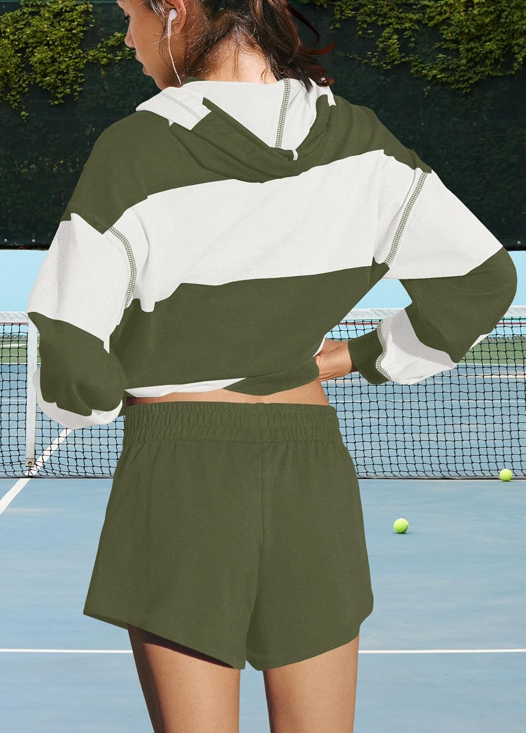 Yanekop Womens 2 Piece Outfits Workout Set Striped Lounge Set Sweatsuits Matching Sets Oversized Hoodies and Shorts Set - Image 4