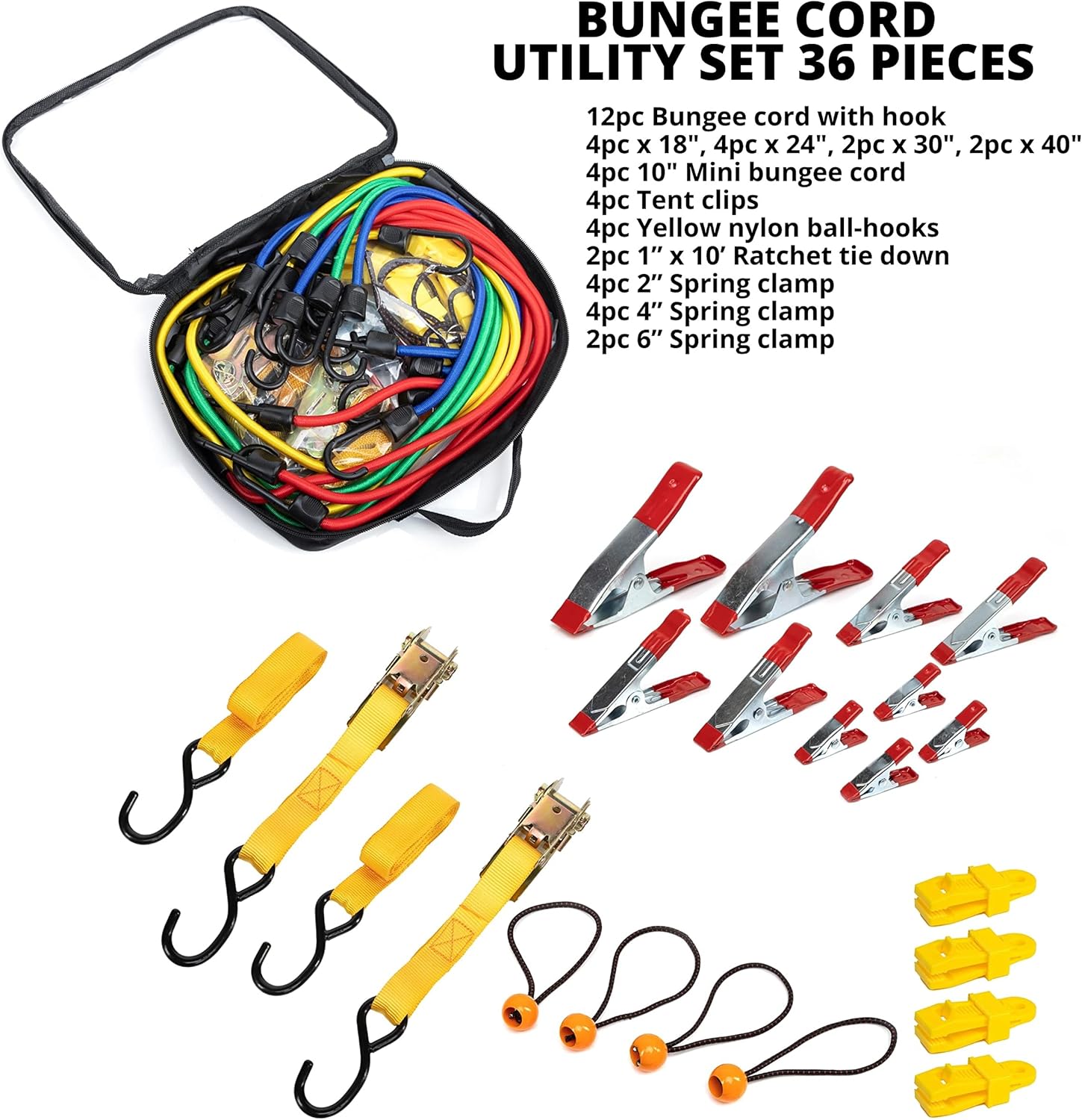 TOOLUXE 50888L Bungee Cords Kit, 36pc Assorted Bungee Cord Hooks Set, Large & Small Loop Rope with Hooks, Outdoor Canopy Ties, Ratcheting Straps, Steel Spring Clamps, Plastic Alligator Tarp Clips