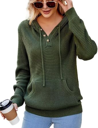 VIMPUNEC Womens Fall Hoodie Sweater Long Sleeve Hooded Top with Pocket | V Neck, Button, Adjustable Drawstring, Waffle Knit, Loose Fit, Ribbed, Kangaroo Pocket