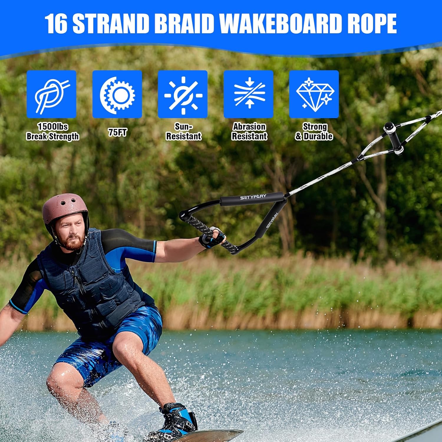 25FT Wakesurf Rope (White & Black) & 75FT Wakeboard Rope and Handle (White & Black) Combo - Floating Watersports Ropes for Wakesurfing, Wakeboarding