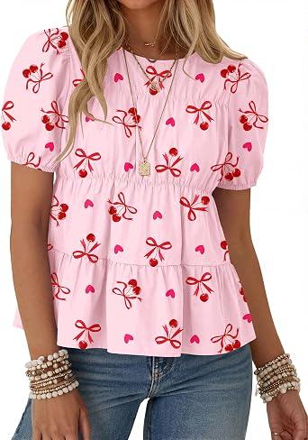 Rapbin Womens Puff Short Sleeve Babydoll Tops Summer Peplum Pleated Cotton T Shirts Casual Loose Fit Flowy Blouses