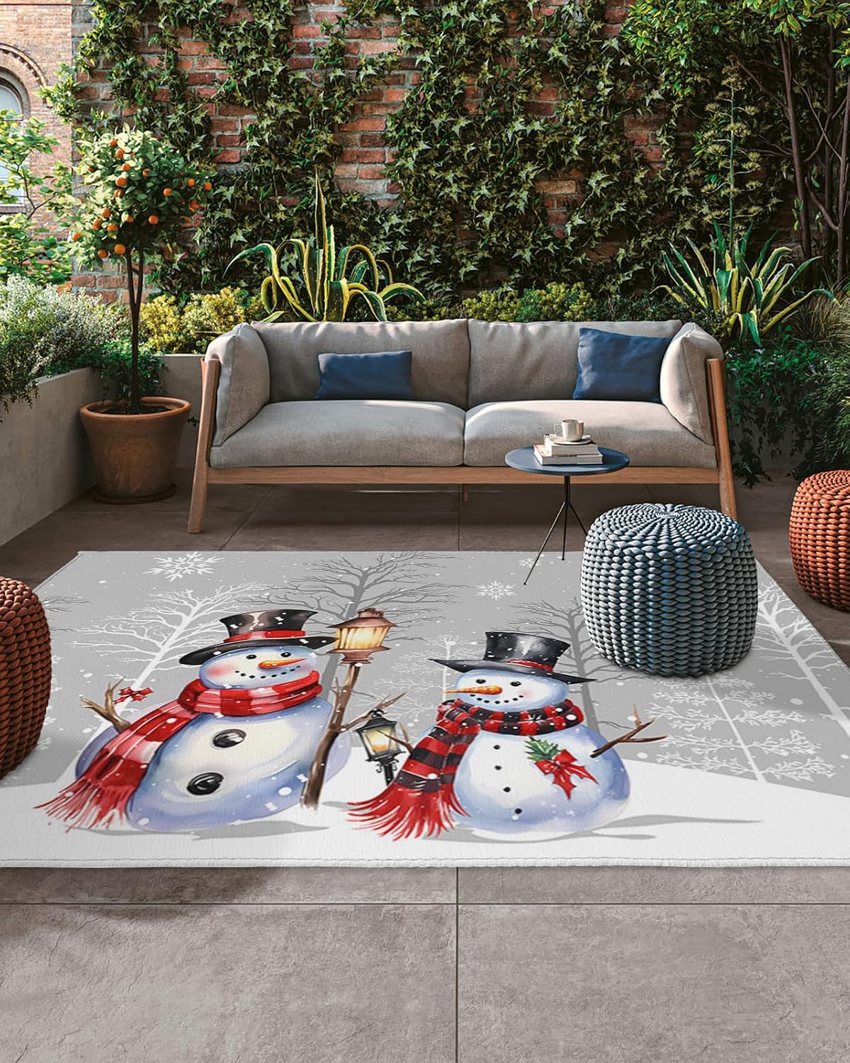 Outdoor Rug, Christmas Snowman Snowflake Holly Oil Scarf Winter Grey Absorbant Non-Slip Area Rugs Mat Carpet for Patio Balcony Porch Backyard Deck Rv Camping 5x8 ft