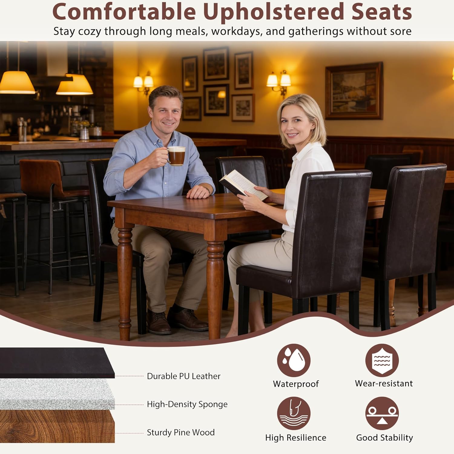 Nova Microdermabrasion Dining Chairs Set of 2, Modern Style for Kitchen PU Leather Chairs Living Roon Dining Room Chairs Padded Parson Chair with Solid Wood Legs (Brown)