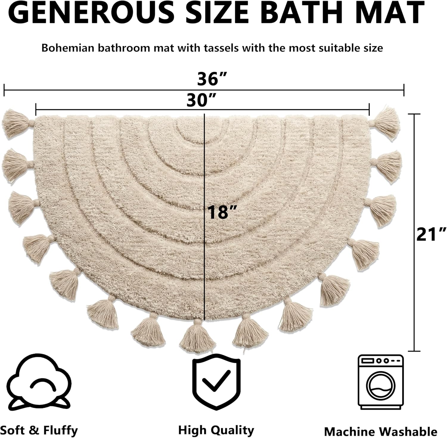 Half Circle Boho Bathroom Rugs with Tassels Non Slip Absorbent Handcrafted Crochet Cute Bath Mats for Bathroom Floor Tub, Farmhouse Boho Decor, Washable, Beige, 20"x32"