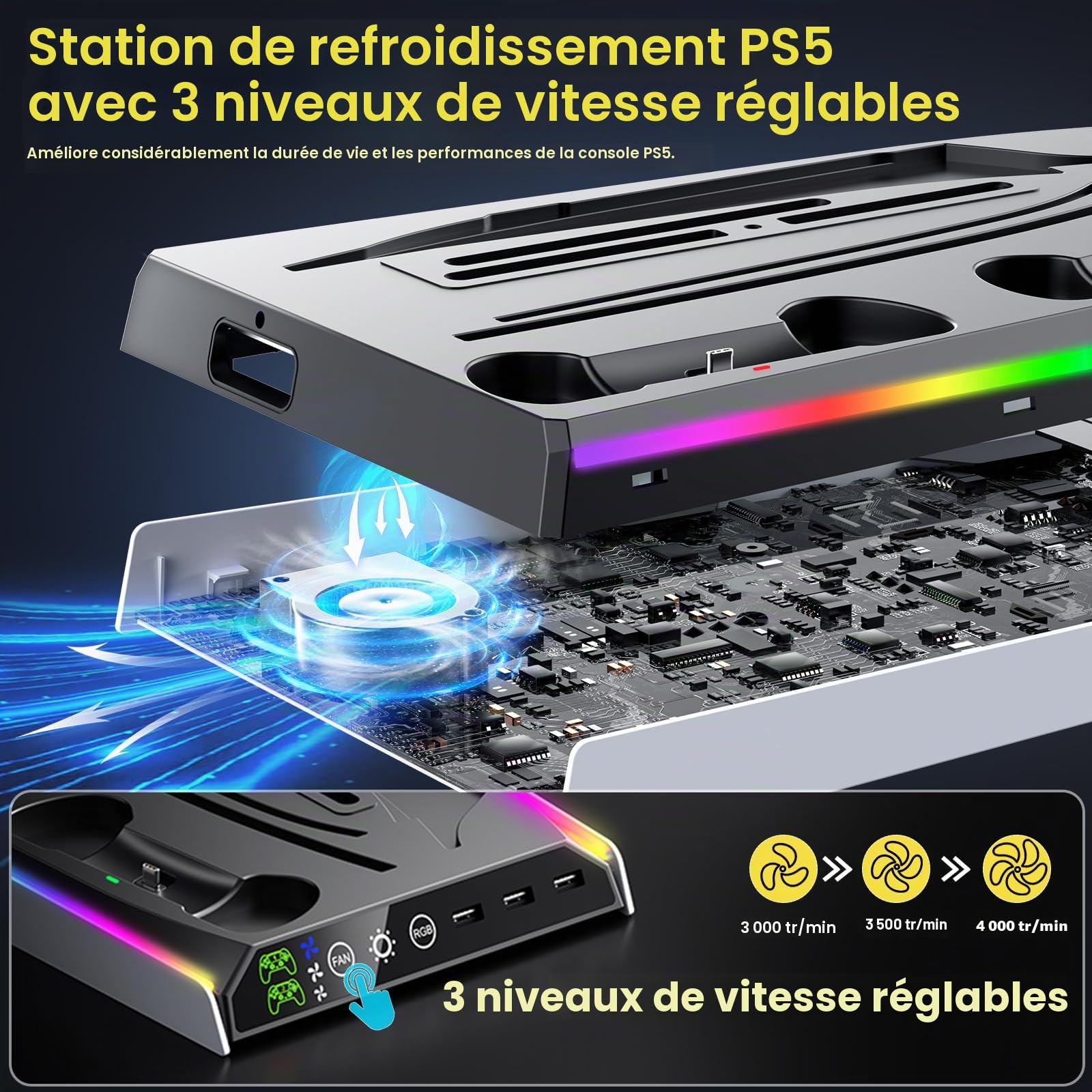 Fenolical Support PS5/Slim/Pro avec Ventilateur de Refroidissement réglable, Support de Chargeur de Refroidissement Vertical PS5 pour PS5/Slim/Pro, Station de Refroidissement Façades, Protections