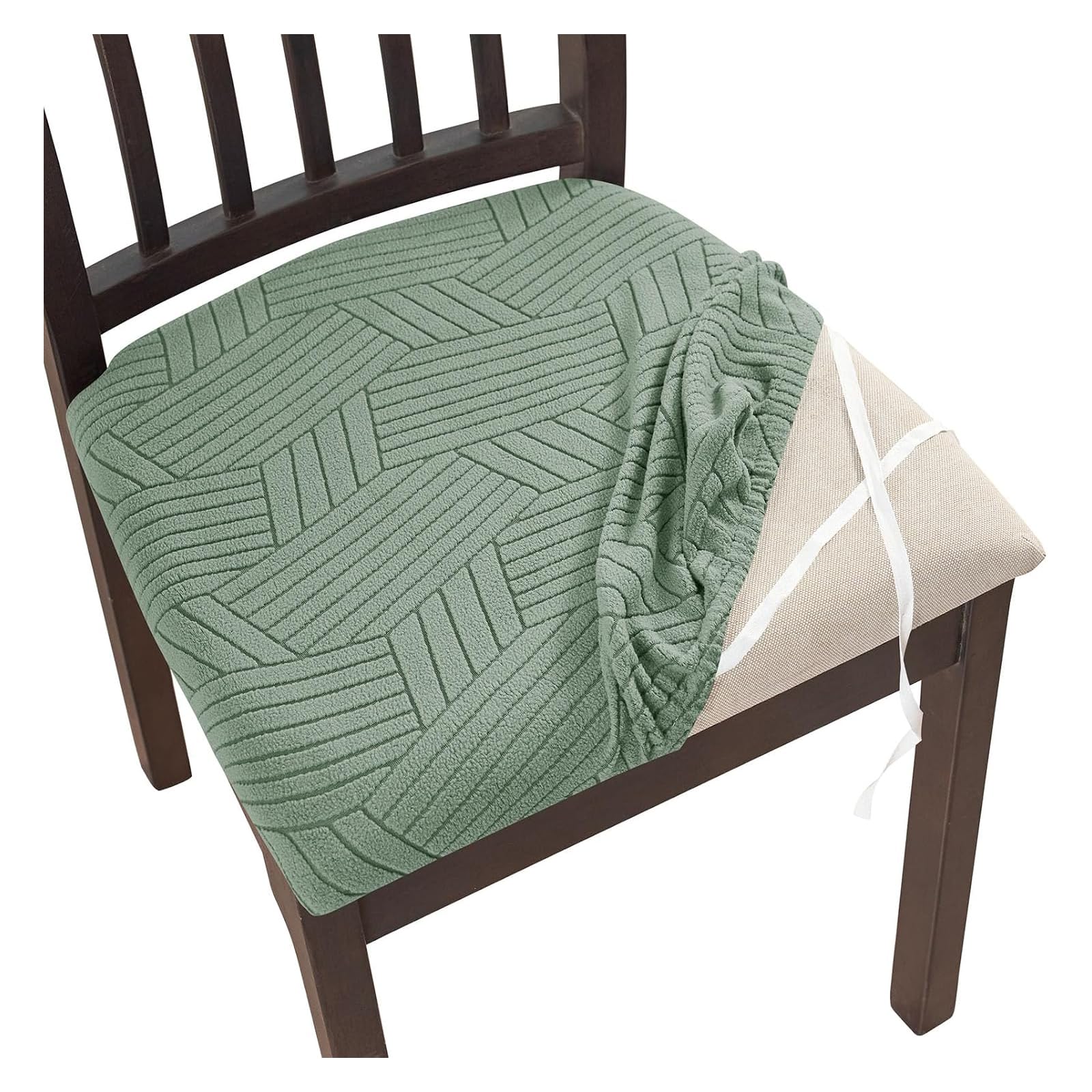 GUYIRT Dining Room Chair Seat Covers with Ties, Stretch Jacquard Seat Covers for Dining Room Chairs, Removable Washable Chair Protector, for Kitchen (green,set of 6)