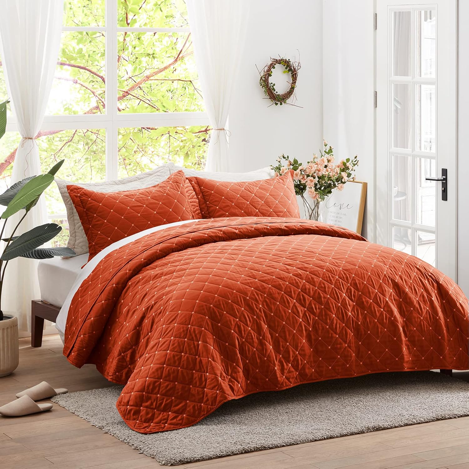 SunStyle Home Quilt Set Full/Queen Burnt Orange Lightweight Bedspread Coverlet Set