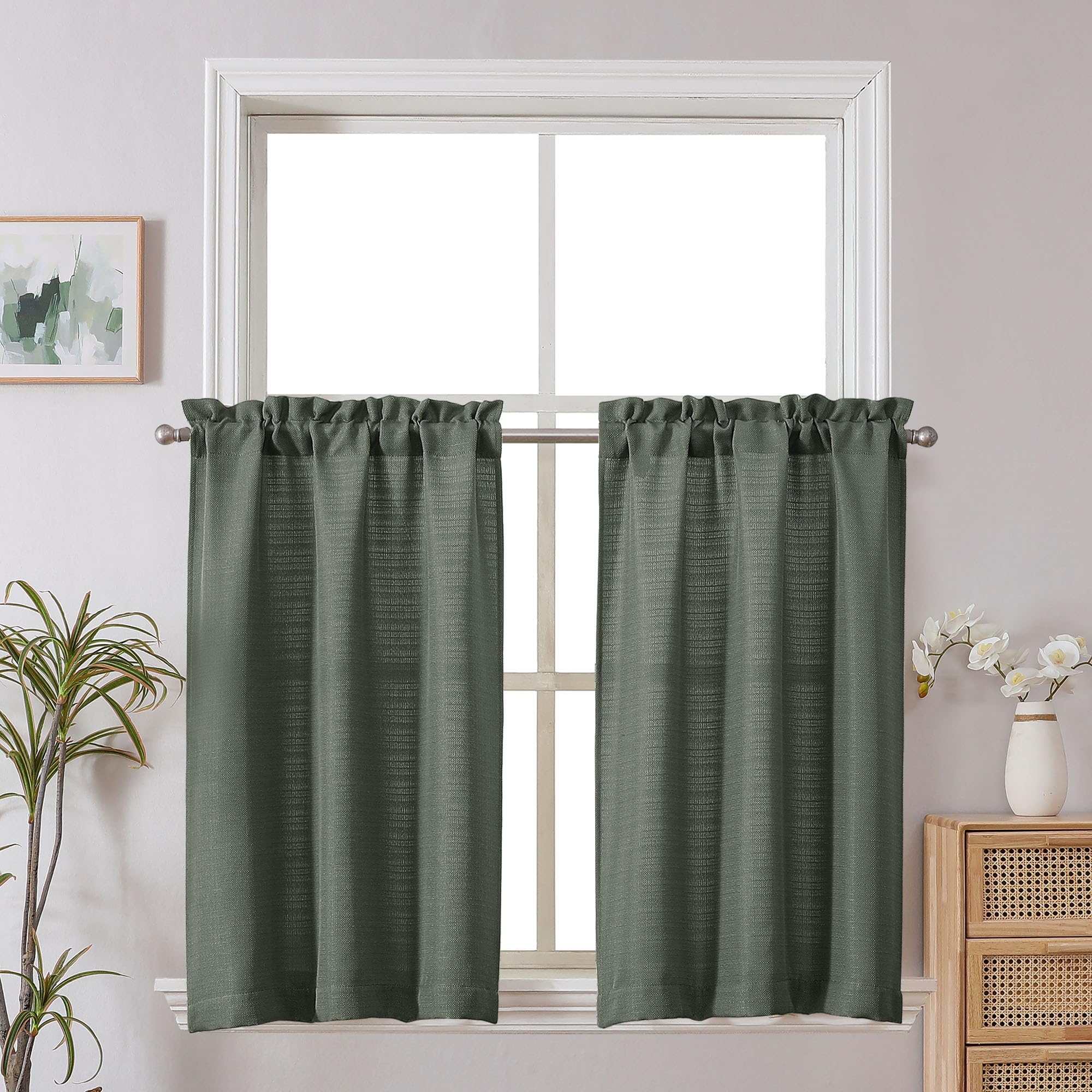 Chyhomenyc Olive Green Faux Linen Textured Small Cafe Curtains, Light Filtering, 30x30 Inch, 2PCS