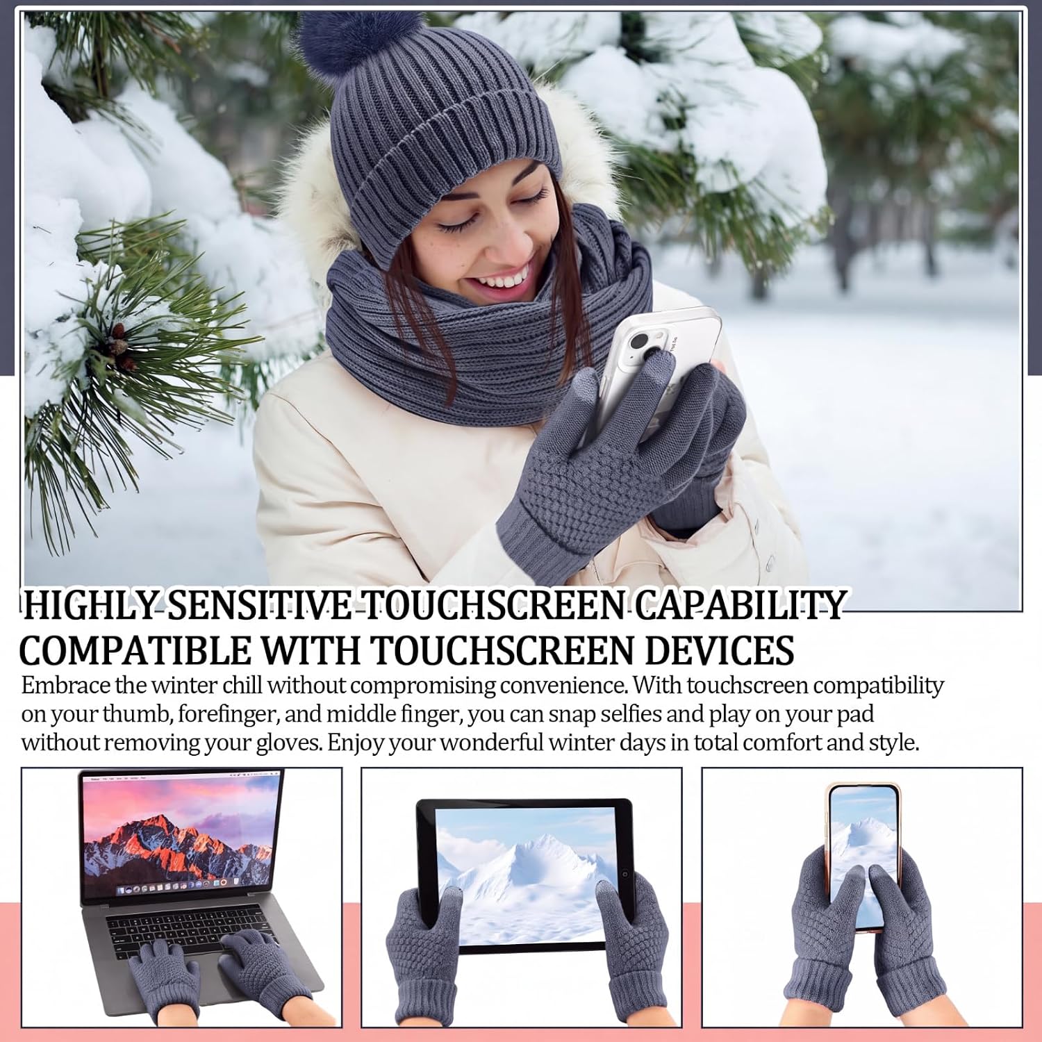 Geyoga 3 Pcs Winter Beanie Hat Scarf Gloves Set Warm Winter Knit Hats with Pom Long Scarf Touchscreen Gloves for Women Men image 4