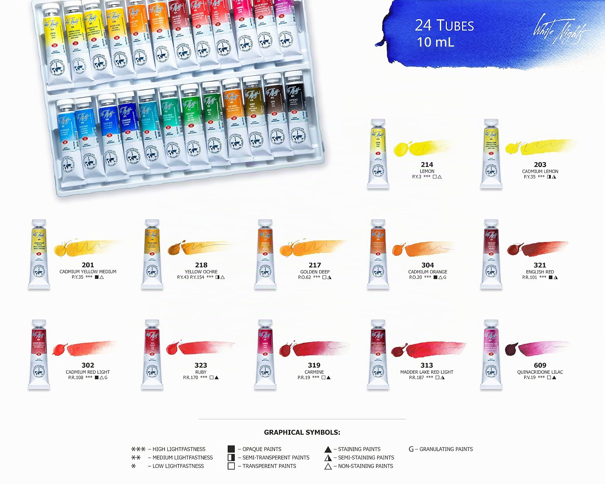 White Nights Coffret Aquarelles de 24 tubes 10 ml Boite carton