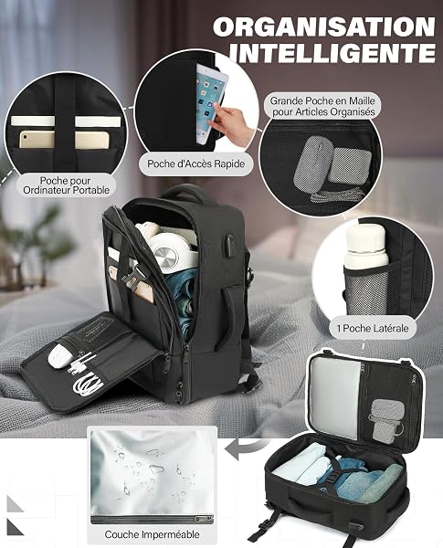 VANKEV Sac à Dos Voyage Cabine Avion 45x36x20 Pour Easyjet 30L Bagage à Main Femme Homme Sous Siege Cabine Sac à Dos Pour Ordinateur Portable 15.6 Pouces Noir - 4
