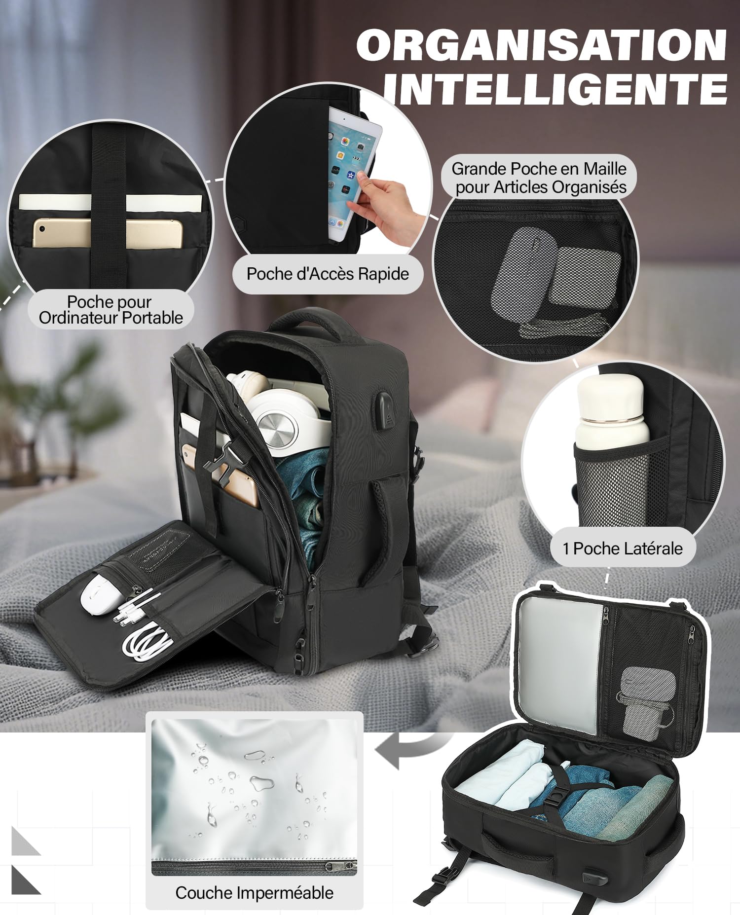 VANKEV Sac à Dos Voyage Cabine Avion 45x36x20 Pour Easyjet 30L Bagage à Main Femme Homme Sous Siege Cabine Sac à Dos Pour Ordinateur Portable 15.6 Pouces Noir
