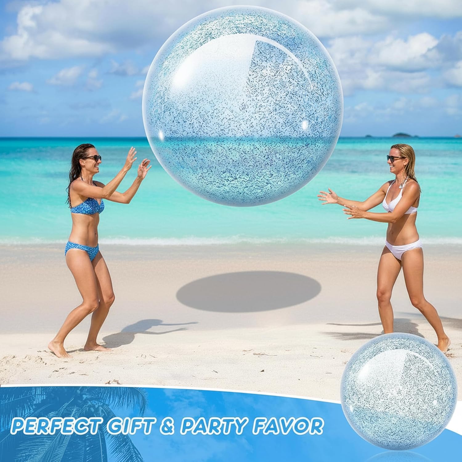 Junkin 2 Pcs 48'' Giant Sequins Beach Ball Inflatable Glitter Confetti Clear Large Jumbo Balls Toys for Outdoor Summer Swimming Pool Party Favors(Blue)