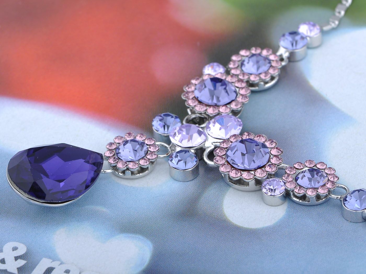 Alilang Crystal Silvery Tone Purple Blue Rhinestones Floral Daisy Bib Necklace Stud Earrings Set