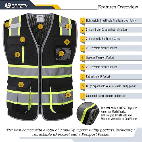 Miniatura 3 de JKSafety Chaleco de seguridad de malla de alta visibilidad con 9 bolsillos para hombres y mujeres, chaleco reflectante de seguridad, cremallera
