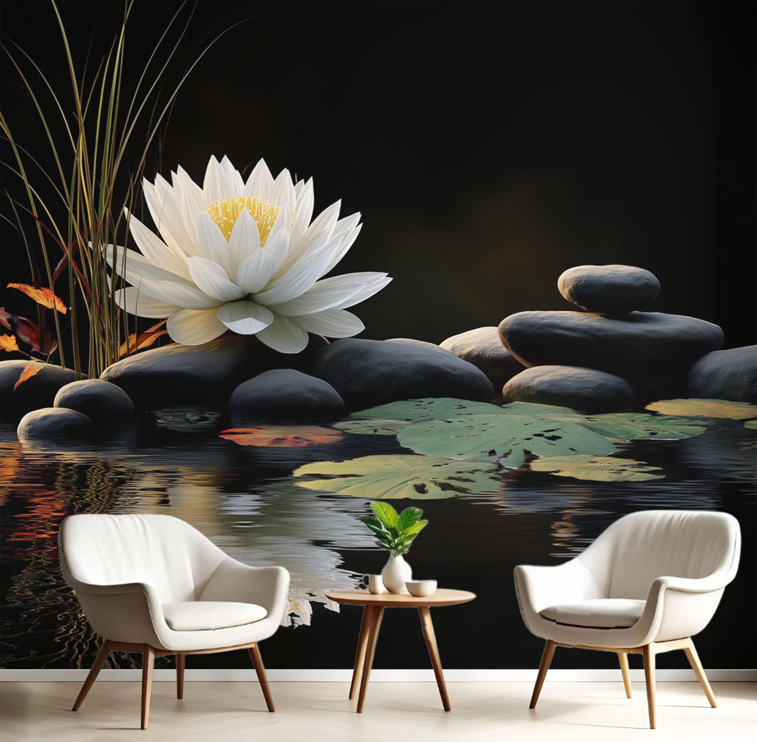 Papier peint panoramique lac aux lotus pour agrandir un salon ou une cuisine