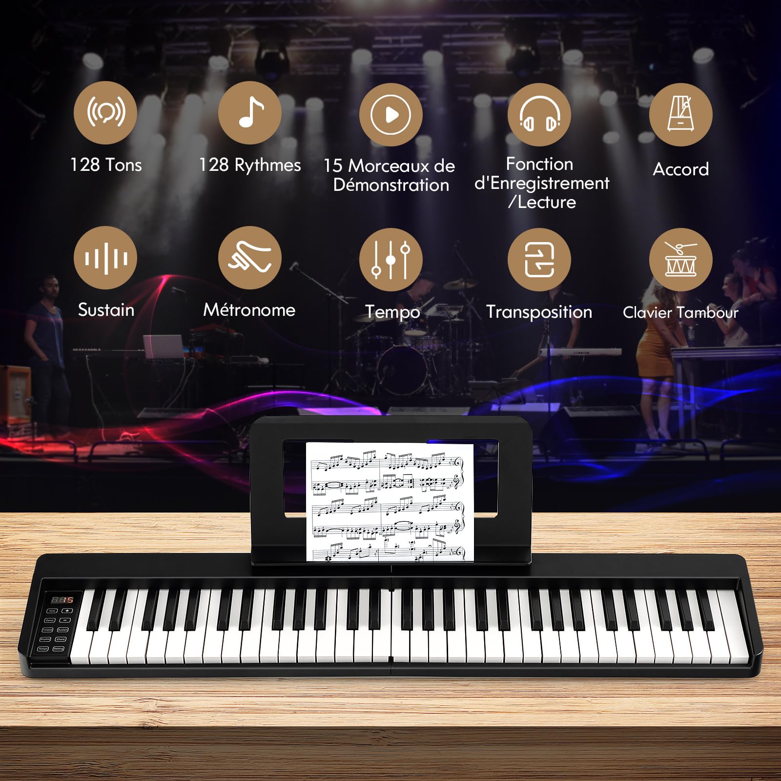COSTWAY Piano Numérique 61 Touches Pliable avec 128 Sons & 128 Rythmes, Clavier Électronique Portable avec Fonction Bluetooth, Haut-Parleurs & Pédale de Sustain pour Enfants ou Débutants