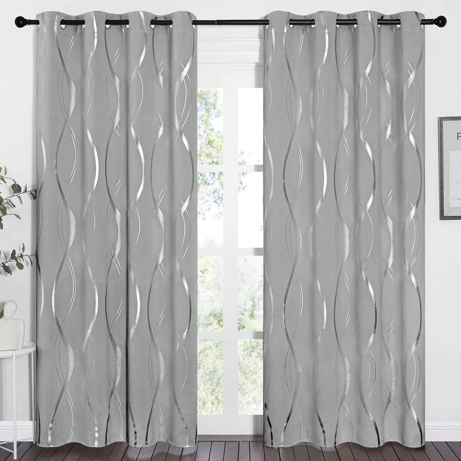 NICETOWN Silver Grey Pattern Curtains for Bedroom, 52 x 84 Inch Noise Reducing Thermal Insulated Wave Line Foil Print Design Room Darkening Window for Patio Sliding Glass Door(2 Panels)