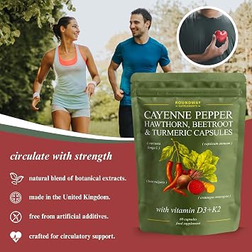 Cayenne Pepper Capsules with Hawthorn, Beetroot, Turmeric and Vitamin D3 K2 for Heart & Circulatory Support | 60 Capsules, 1 Month Supply | Made in The UK by Roundway Supplements