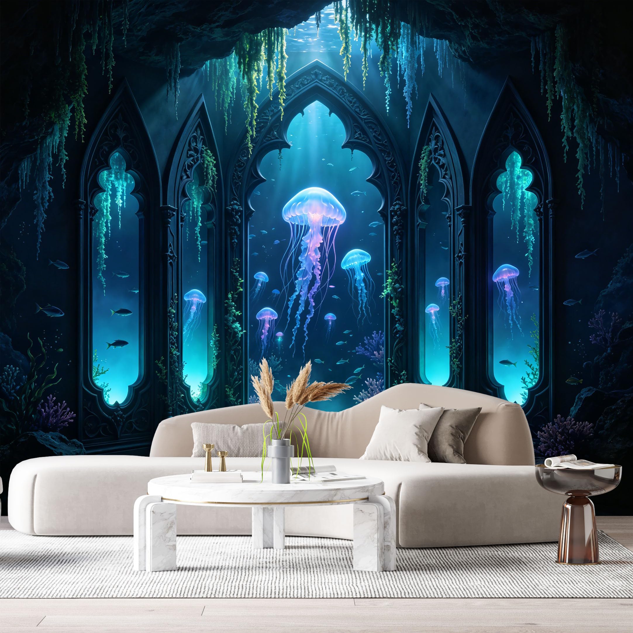 Custom Size Wall Murals Underwater Cathedral Gothic Ocean Marine Oil Painting 3D Trompe L'Oeil SelfAdhesiveWall Fabric Removable Wallpaper Wall Decor for Living Room Bedroom Bathroom