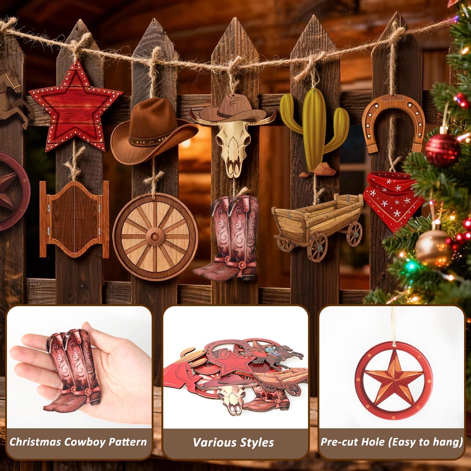 MOVINPE Western Themed Christmas Tree Ornaments Set, Cowboy Rustic Farmhouse Holiday Decor with Cowboy Hat, Bandana, Ribbon, Beads Garland, Rusty Metal Bells & Stars, Wooden Western Ornaments