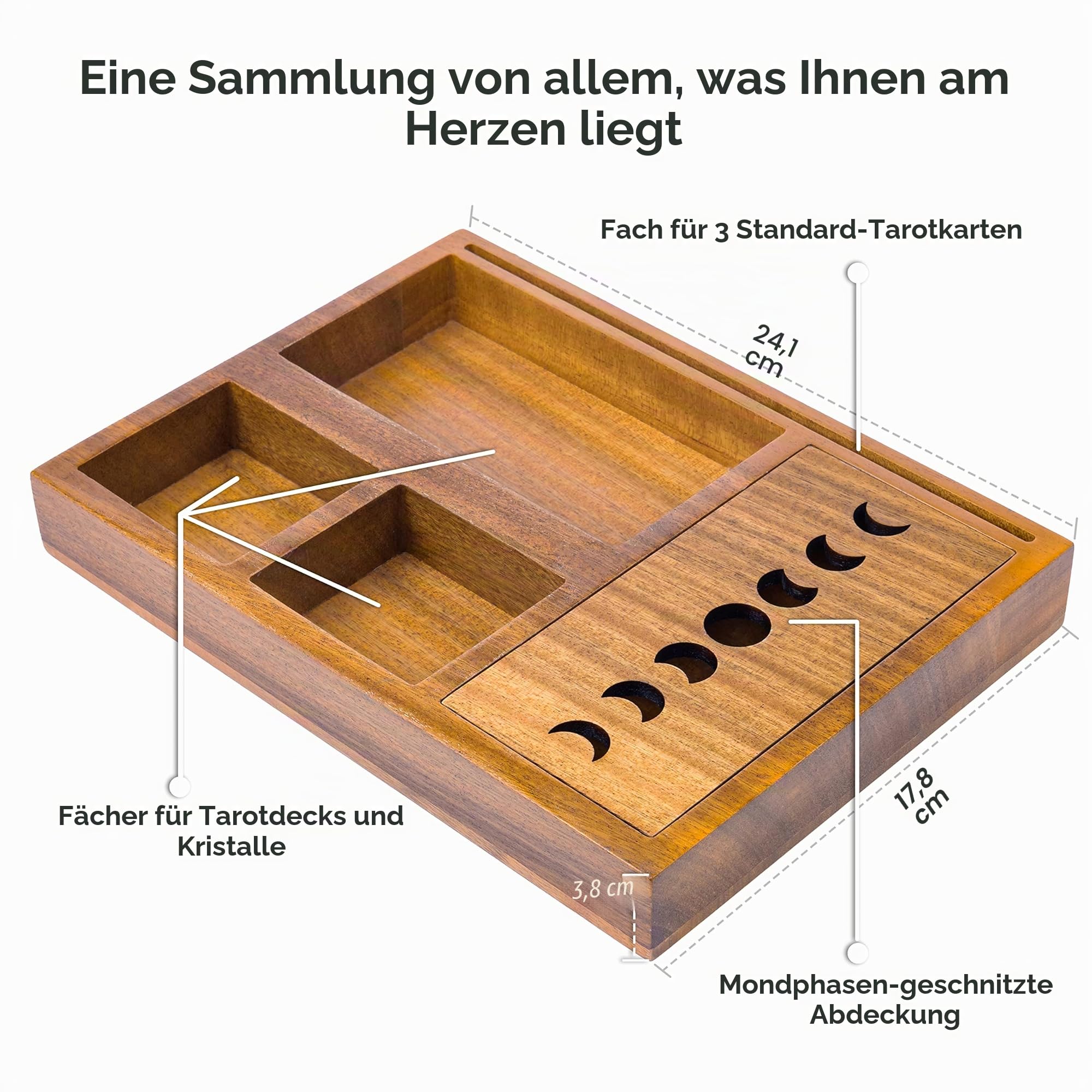 Tarotkartenhalter Box für immersive Lesungen – 3 Tarotkartenständer & Kristallhalter – Mondphasen-Design Tarot-Display Deck Halter & Kristalltablett – Hexerei-Dekor – Wiccan Altar Supplies