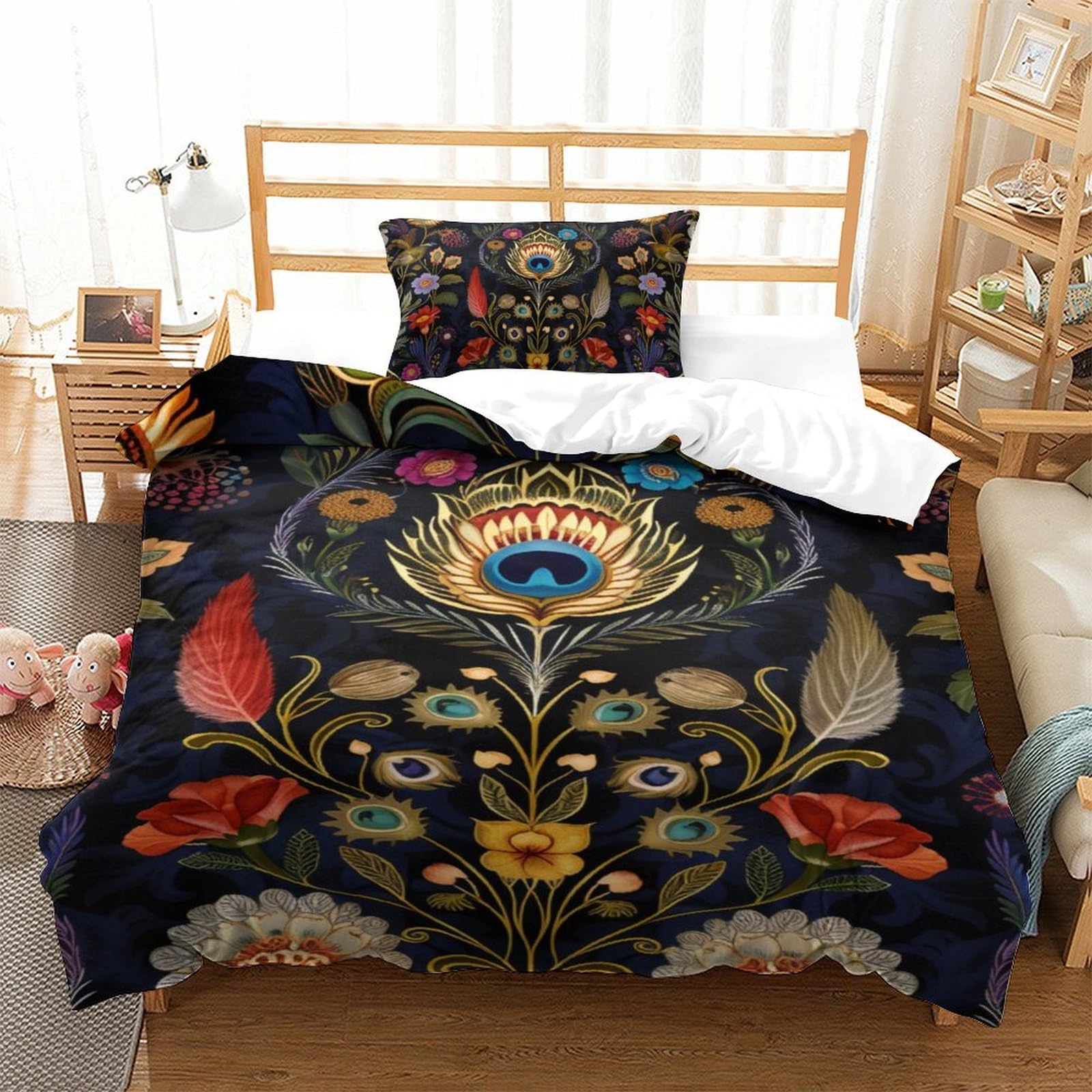 Housse de couette plumes de paon élégante parure de lit de qualité 3 pièces
