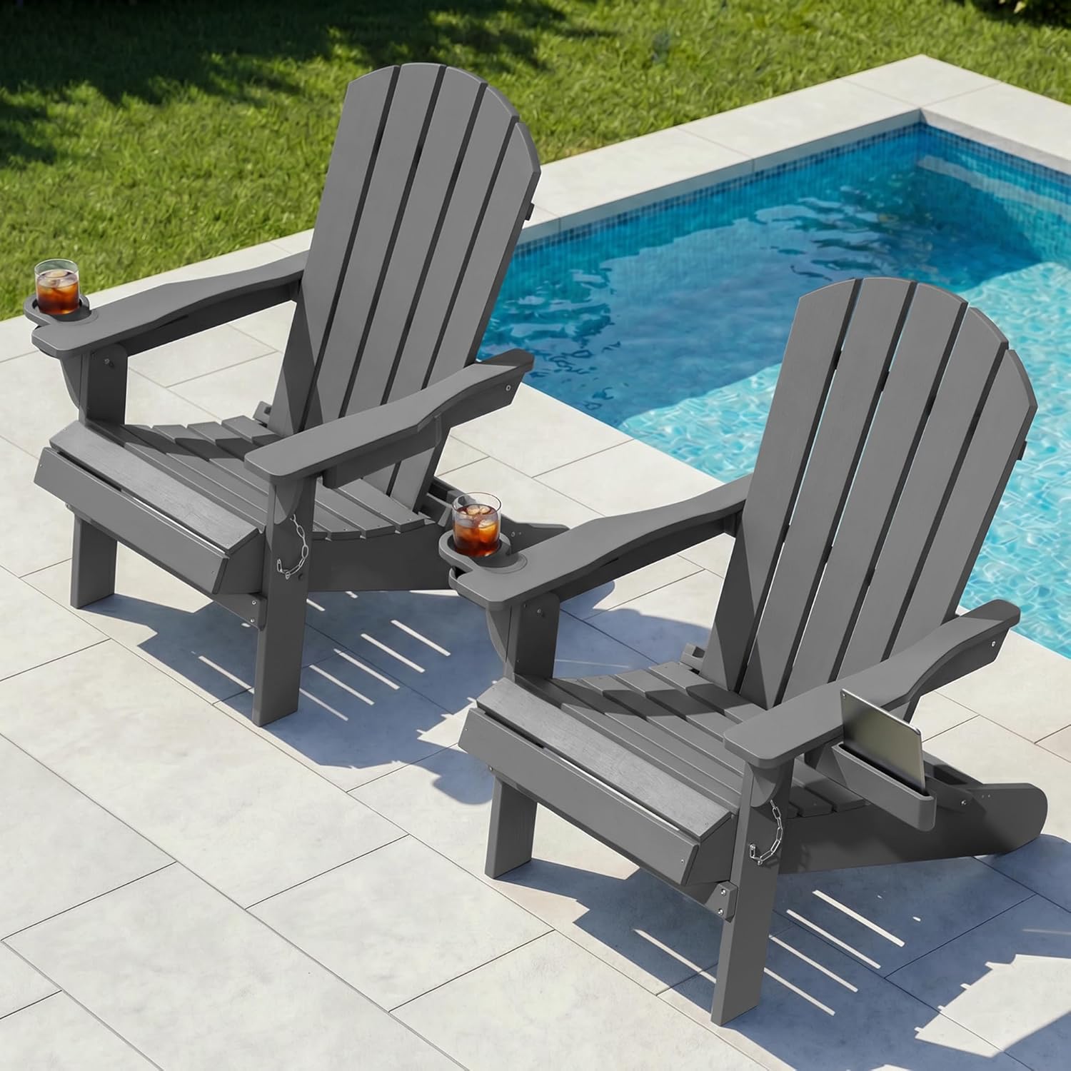 Shintenchi Folding Adirondack Chairs Set of 2,HDPE All-Weather Patio Chairs with Cup Holder & Phone Holder,Wooden Textured Fire Pit Chairs for Patio,Outside,Deck,Backyard,Dark Grey