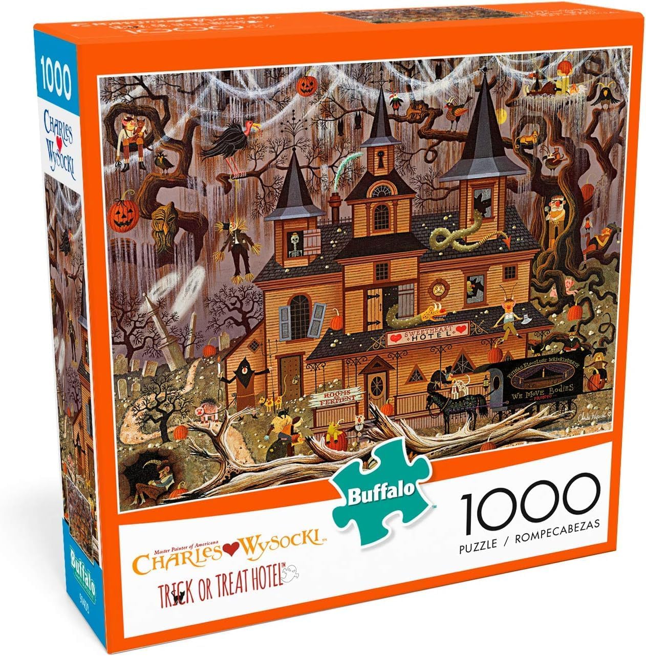 Buffalo Games - Charles Wysocki - Trick or Treat Hotel - 1000 Piece Halloween Puzzle - Colorful and High-Quality Fall Puzzles for Adults – Spooky Autumn Artwork, and Hours of Relaxing Seasonal Fun