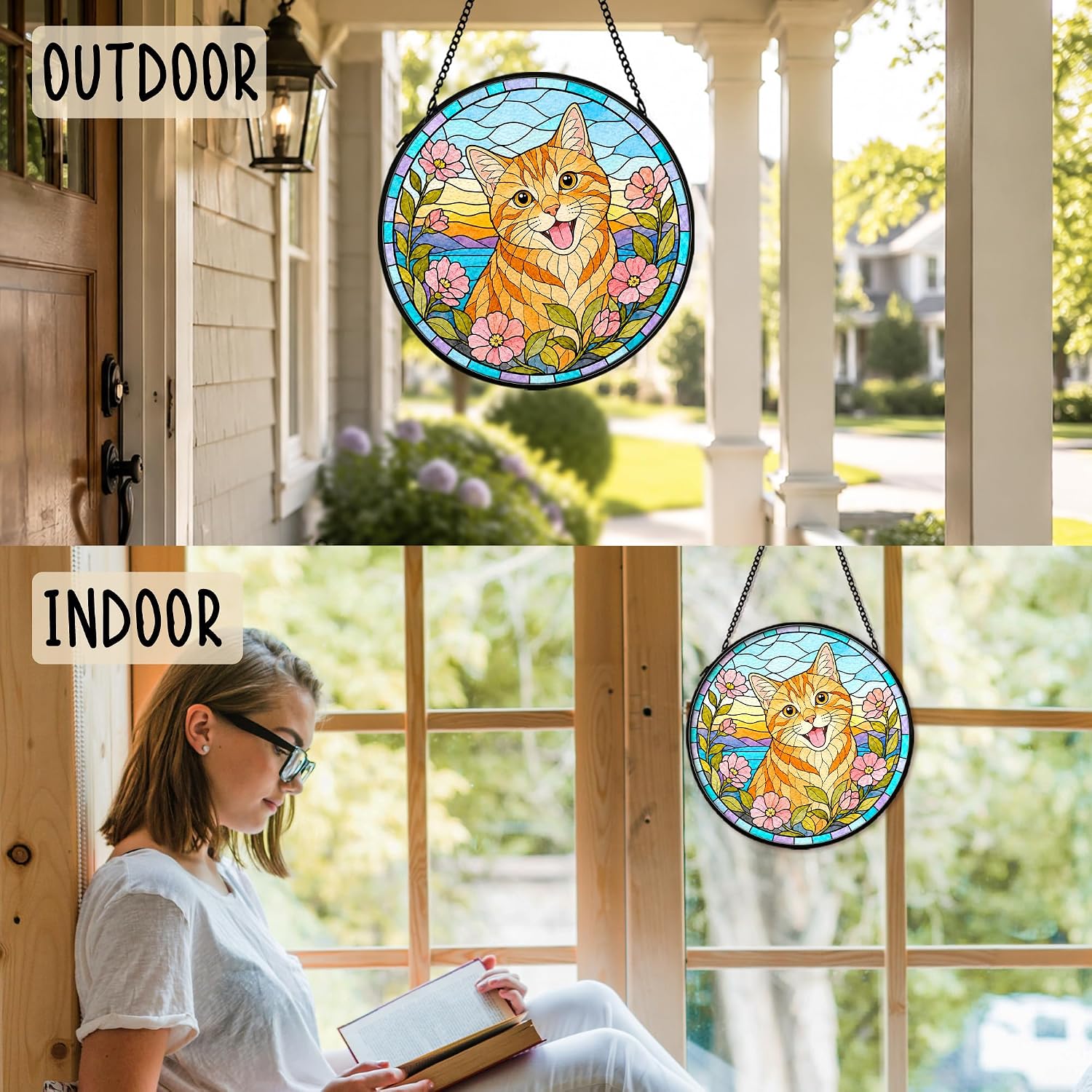 Orange Cat Flower Stained Glass Suncatcher Window Hanging Decor