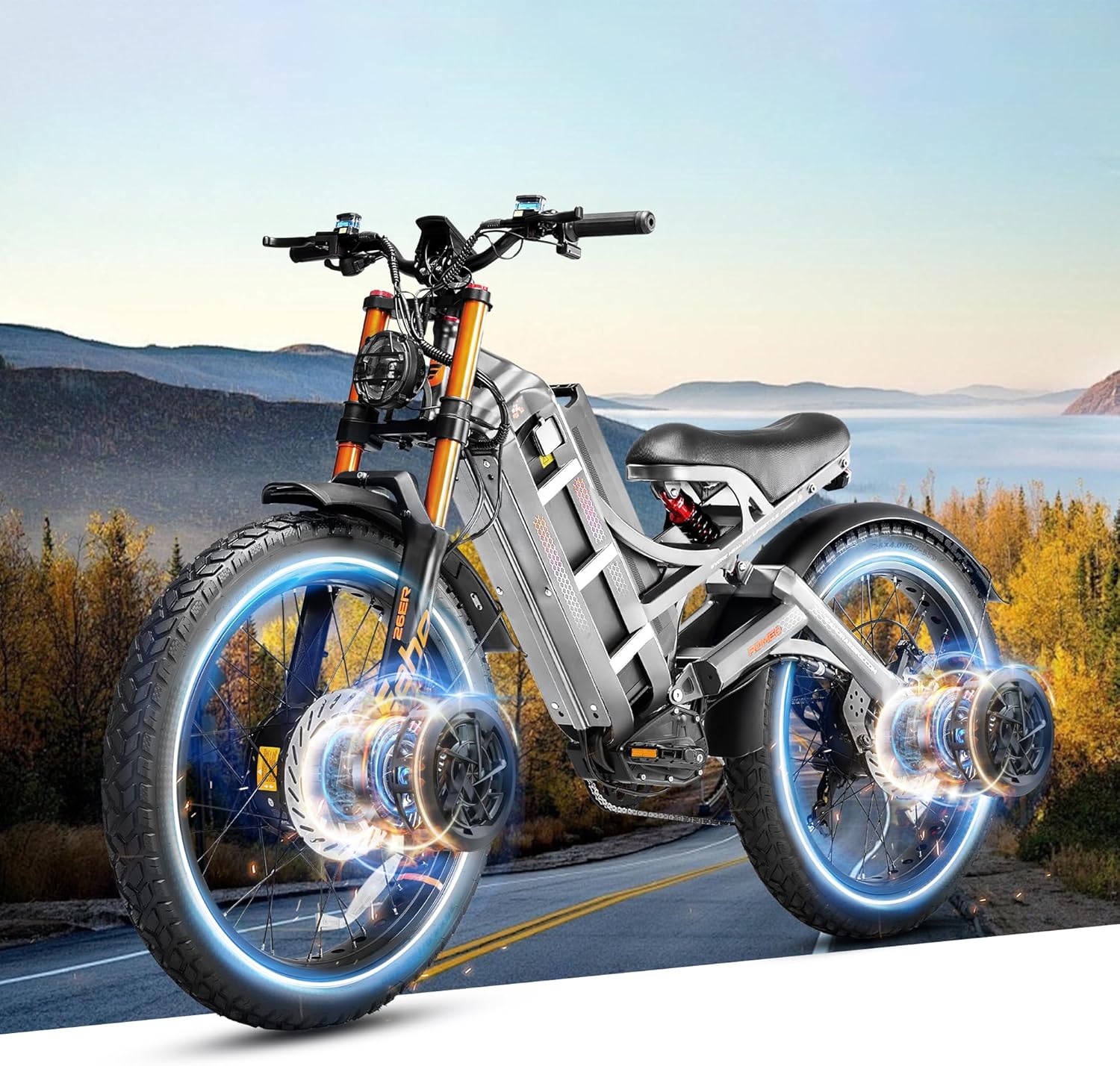 eAhora 2025 Romeo Pro 3 Electric Bike for Adults 5600W Dual Motor E Bike 50MPH 60V 80Ah 250+Miles Long Range Electric Bicycle,26 * 4.0 Fat Tire Full Suspension Electric Mountain Bike-Gray
