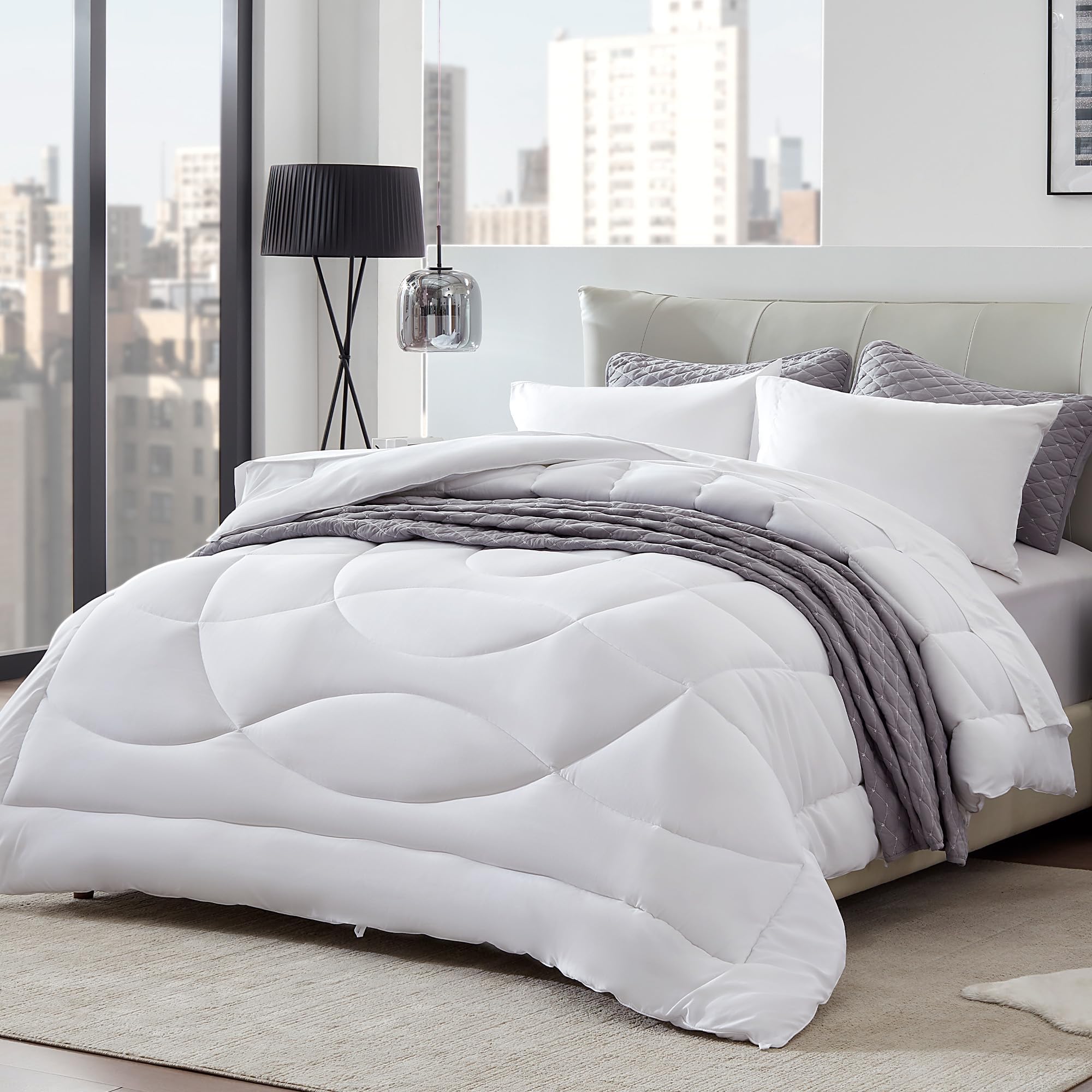 SLEEP ZONE Relleno de edredón, edredón reversible acolchado tamaño King, edredón suave para todas las estaciones, ropa de cama transpirable alternativa al plumón con 8 pestañas, 2 lados color blanco