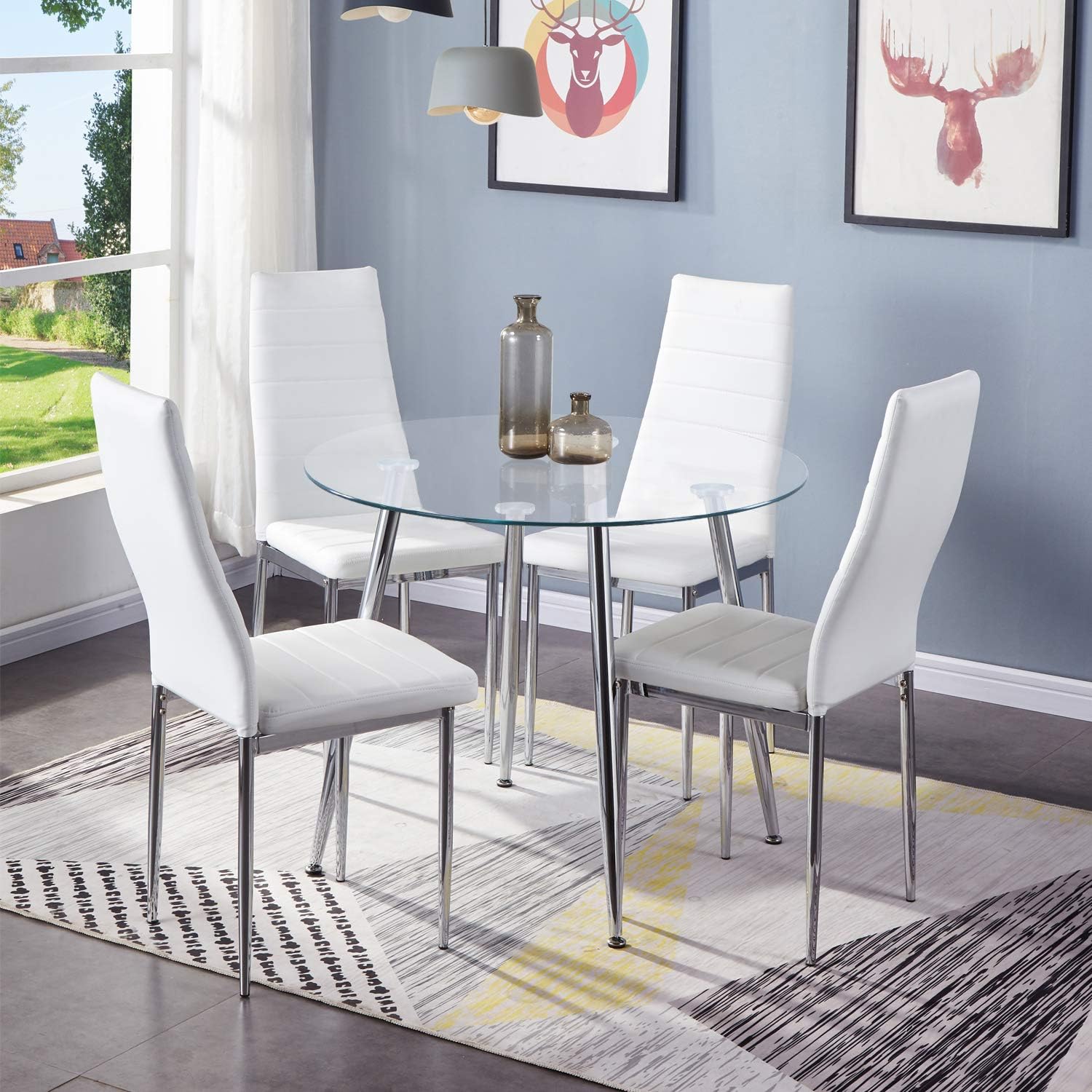 GOLDFAN White Dining Table and Chairs Set 4 People PU Leather Seats Morden High Gloss Kitchen ...
