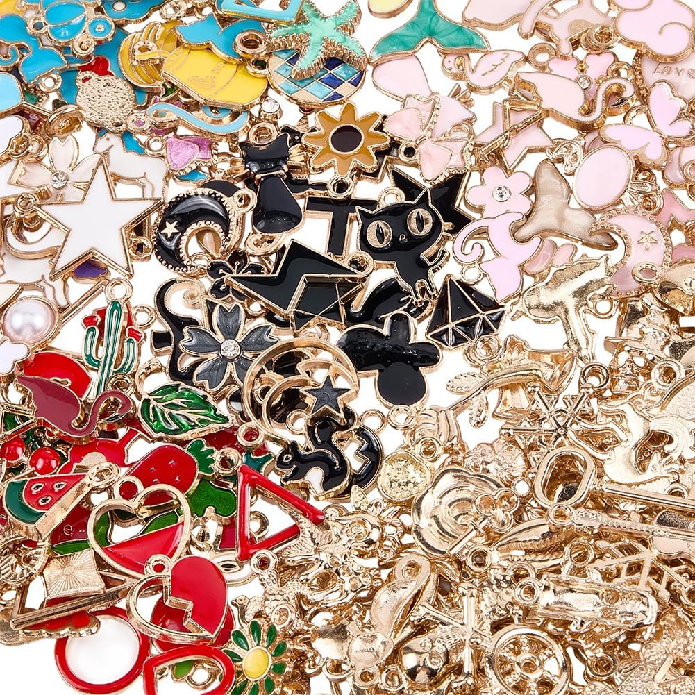 300Pcs Random Assorted Charms Enamel Dangle Charms Small Alloy Colorful Aesthetic Metal Mixed Shapes Pendants Findings Accessories for Jewelry Making Necklaces Bracelets Earrings DIY Crafts