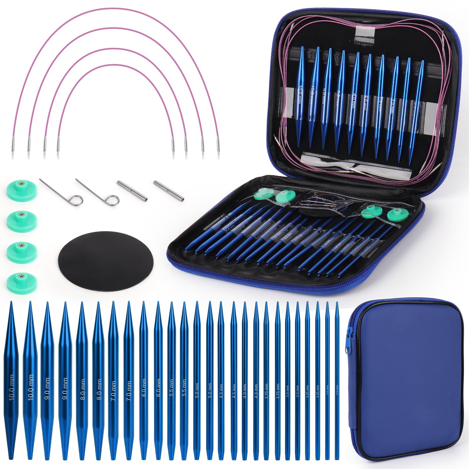Coopay Interchangeable Circular Knitting Needles Set, 3.0-10.0 mm Circular Knitting Needles, 40 cm/60 cm/80 cm/100 cm, Interchangeable Knitting Needles with Storage Bag, Aluminium Interchangeable Blue
