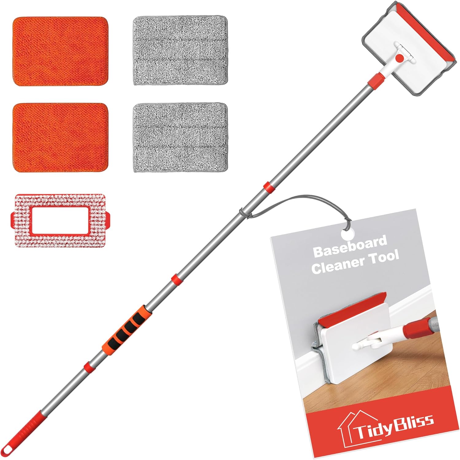 Baseboard Cleaner Tool with Handle, 55.9” Long Wall and Base Board Cleaning Mop, 4 Reusable Pads, 1 Stiff Bristle Scrubber Brush for Floorboard Ceiling Cabinet Window Bathroom Kitchen (Red)