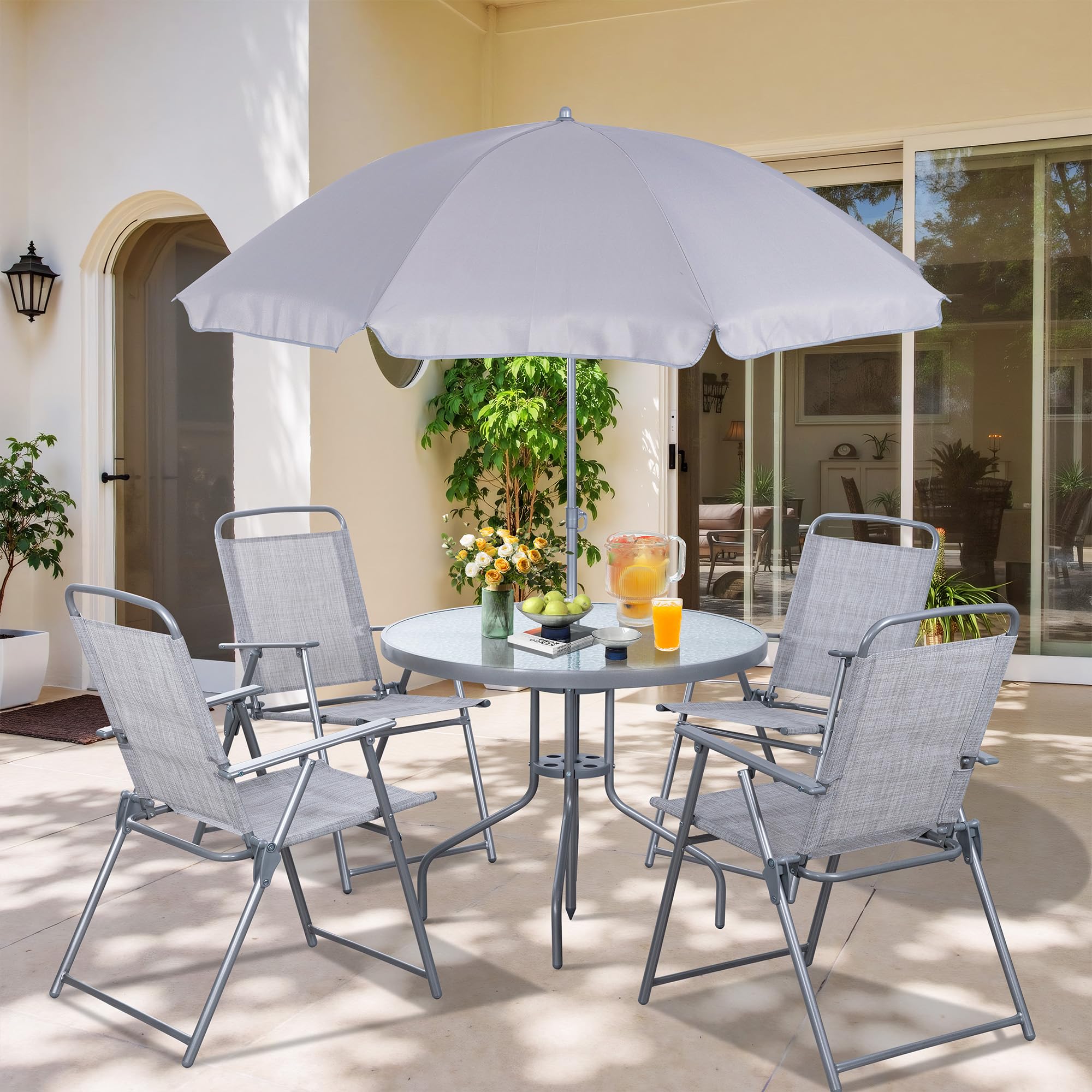 Vongrasig 6 Pieces Folding Patio Dining Set, All Weather Small Metal Outdoor Table and Chair Set, Garden Patio Furniture Set w/Umbrella, Glass Table & 4 Folding Chairs for Lawn, Backyard, Silver