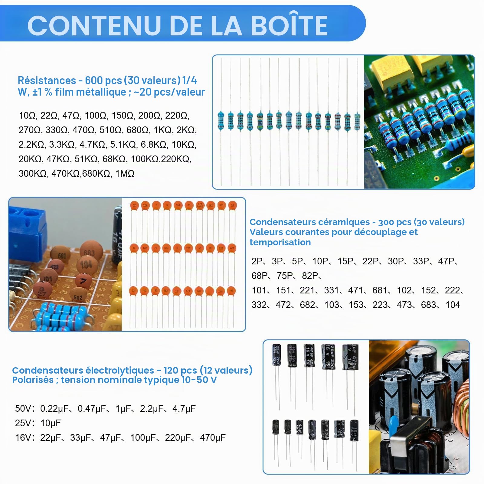 1530 Pièces Kit de Composants électroniques 9 types avec Résistance métallique,Condensateur,Diode,Diode LED,Transistor,Dupont Cable,Câble Jumper et Breadboard, pour UNO R3