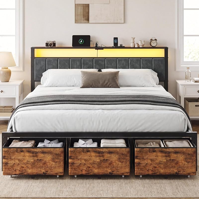 King Size Bed Frame with Storage Headboard and 3 Drawers