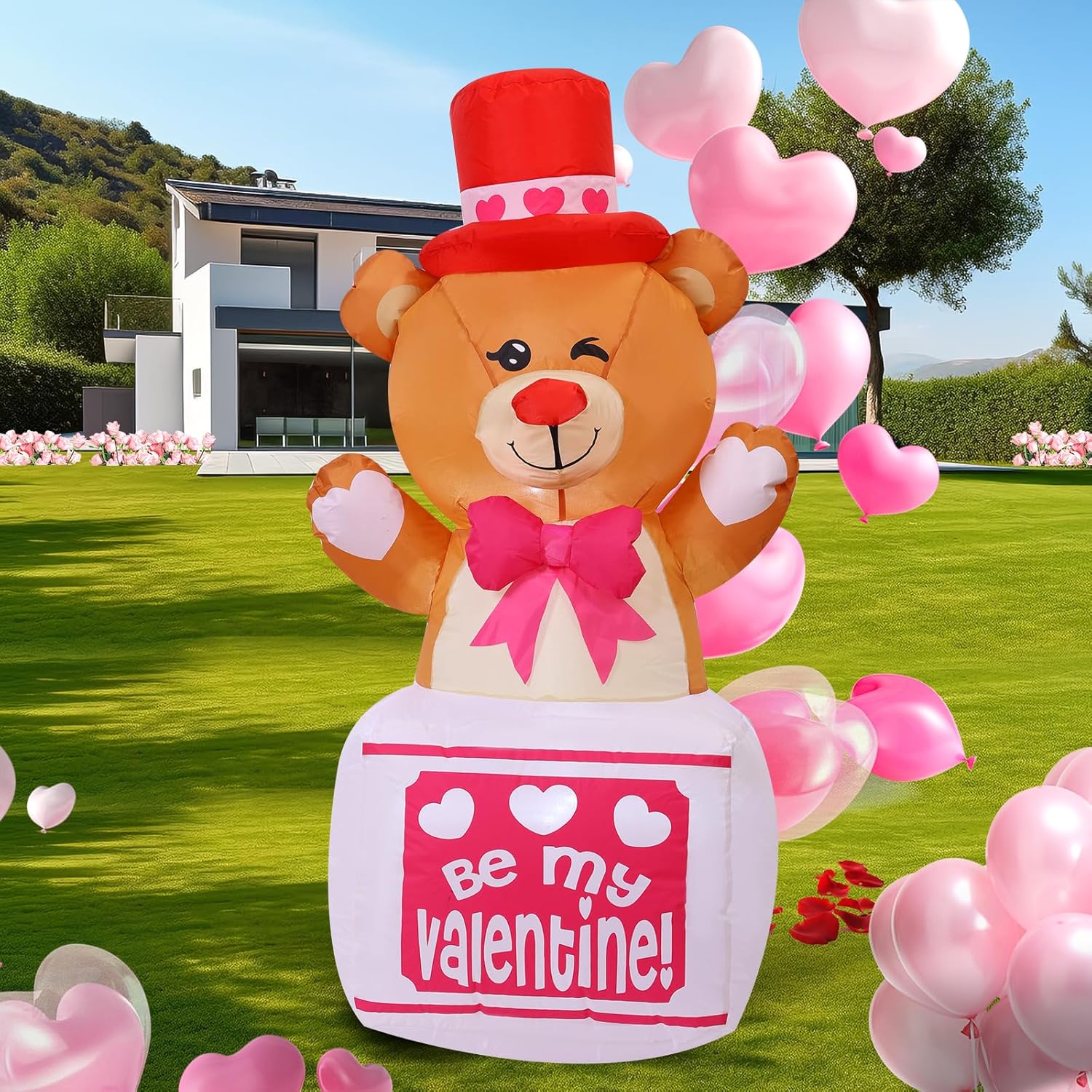 HZGDEJTG 4ft Standing Bear on Gift Box Valentine's Day Outdoor Inflatable Decoration with Built-in LED Lights for Holiday Parties, Lawn, Yard Outdoor Decoration